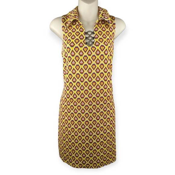 Patty Kyle Mini Shift Dress Dagger Collar Y2K 90s 70s Inspired Heart Geo Print L - Picture 1 of 6